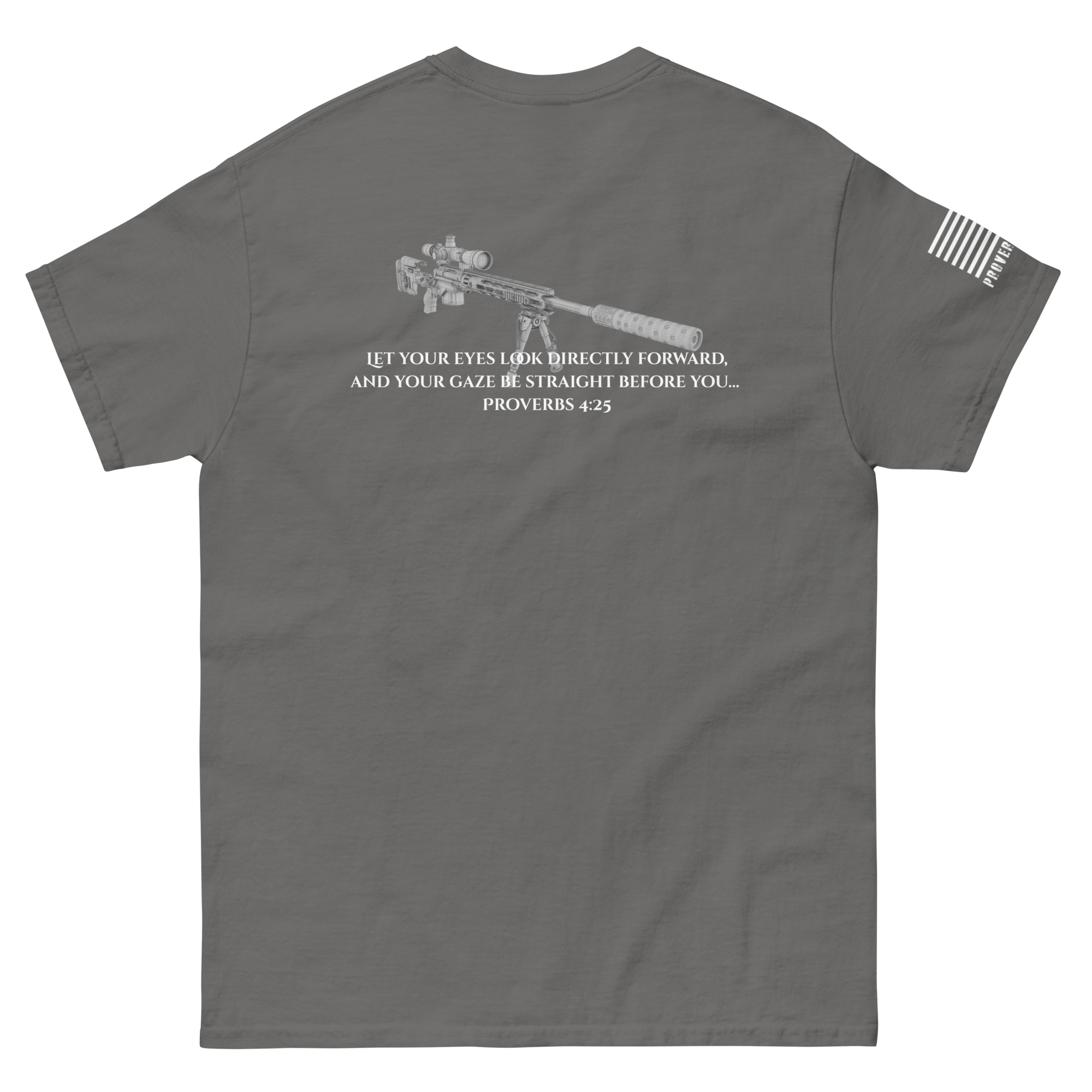 Proverbs 4:25 tee from FFO’s Narrow Path Collection — features back graphic of sniper rifle paired with Scripture